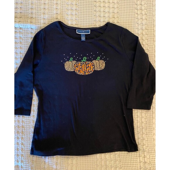 Karen Scott Blouse Halloween Top Sz XL  Glittery Pumpkin Sparkly T-Shirt - Picture 5 of 10
